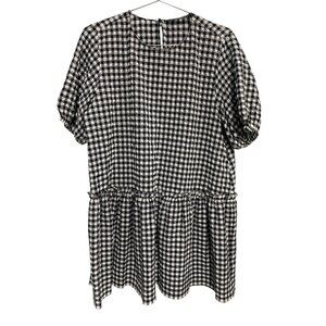 Zara Mini Dress Size XL Tiered Gingham Short Sleeve Textured Black White Ruffle